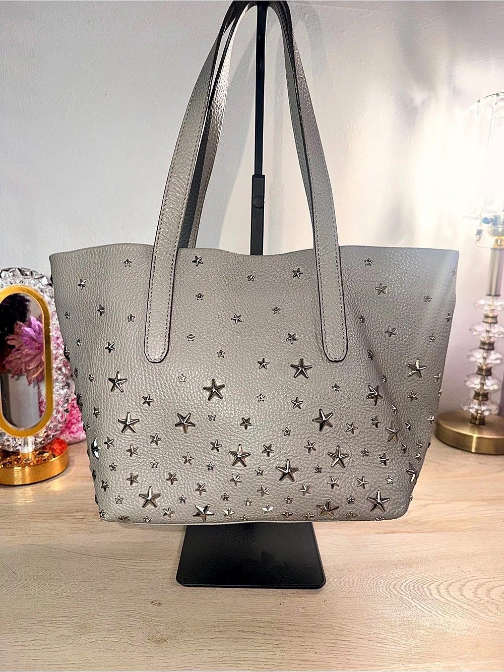 Jimmy Choo Sasha Star-Studded Leather Tote Gray